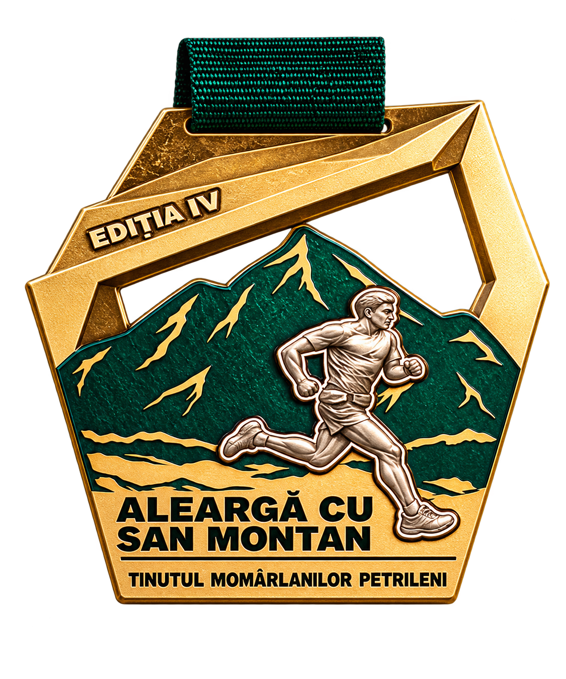 Medalia de finisher San Montan, ediția a IV-a: metal auriu, email verde și alergător în relief